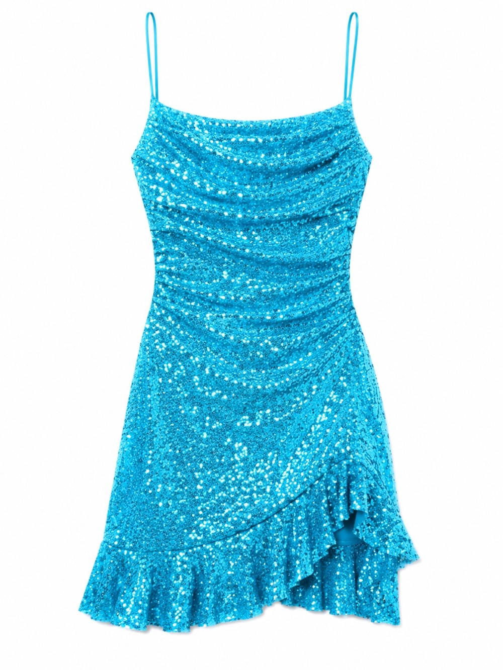 Baby Blue Sequin Sparkly Mini Dress L ruffle spaghetti strap